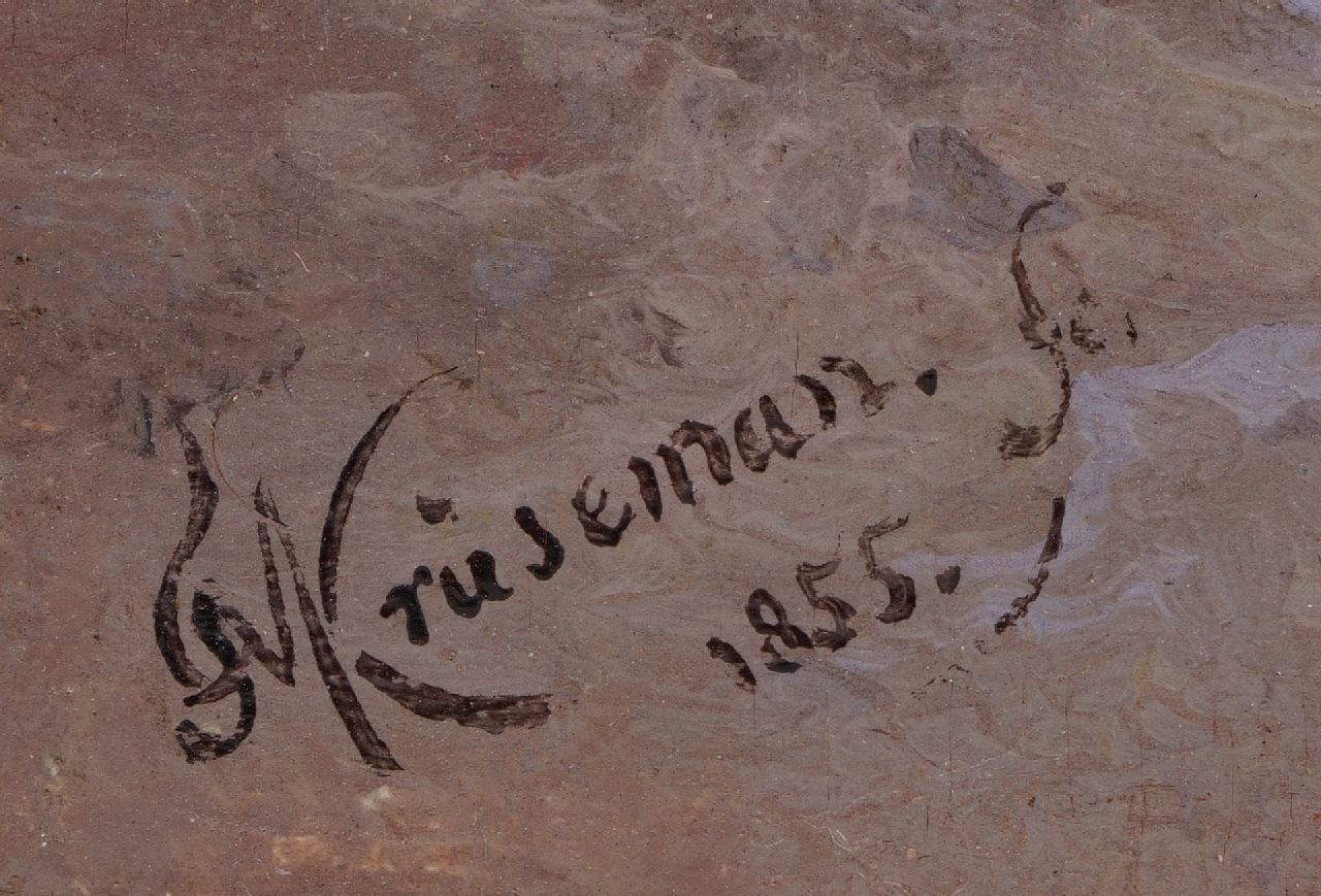 Frederik Marinus Kruseman signaturen Winterlandschap met schaatsers op een bevroren rivier