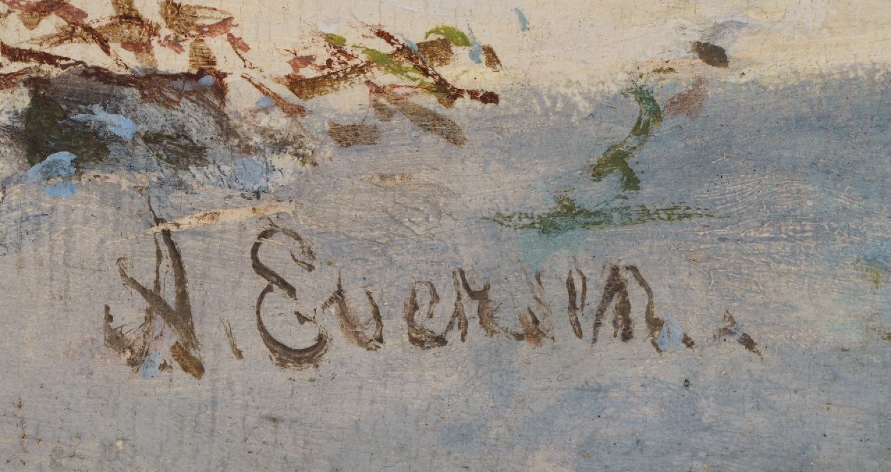 Adrianus Eversen signaturen Besneeuwd gezicht achter de Westerkerk in Enkhuizen  (verkoop alleen samen met zomers pendant, tezamen)