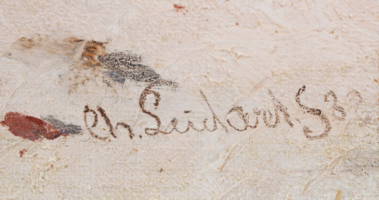 Charles Leickert signaturen Drukbevolkt straatje in de sneeuw