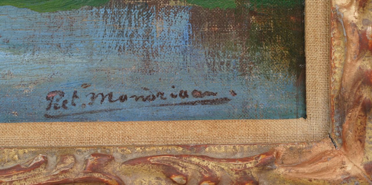 Piet Mondriaan signaturen Boerderij Geinrust achter bomenrij aan het Gein, met 'geïsoleerde boom'