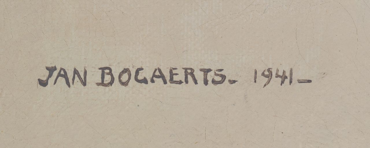 Jan Bogaerts signaturen Keukenstilleven met lepelrek, potten, appel en mes
