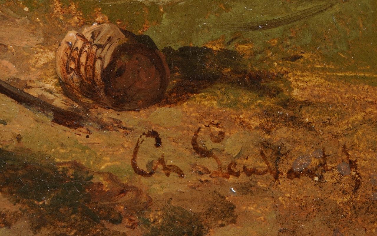 Charles Leickert signaturen Hollandse stadspoort met figuren bij een groenteverkoopster