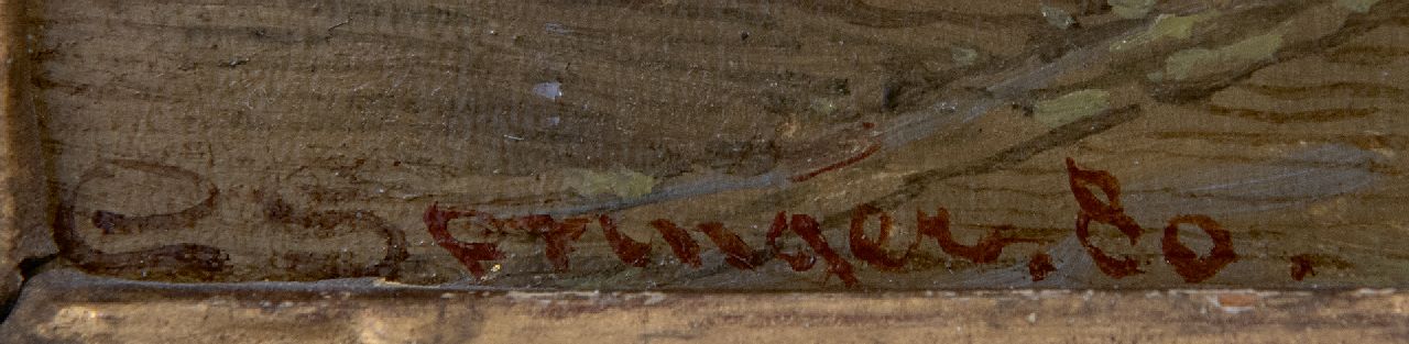 Cornelis Springer signaturen Regenachtig straatje in Oudewater