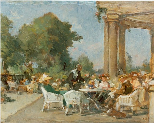Johannes Evert Akkeringa | Thee tuin, olieverf op paneel, 10,0 x 13,2 cm, gesigneerd r.o.