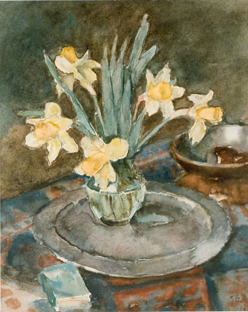 Jan Akkeringa | Stilleven van narcissen, aquarel op papier, 31,0 x 26,0 cm, gesigneerd r.o. en gedateerd 1952