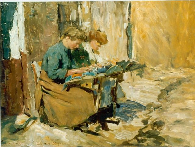 Anrooy J.A.M. van | Kantklossende dames 'Dentellieres', olieverf op paneel 26,0 x 35,5 cm, gesigneerd l.o.