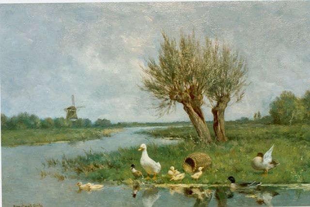 Constant Artz | Eendjes aan de slootkant met een molen, olieverf op doek, 40,7 x 60,5 cm, gesigneerd l.o.
