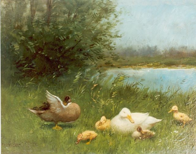 Constant Artz | Eenden met hun kroost aan de slootkant, olieverf op paneel, 18,8 x 25,0 cm, gesigneerd l.o.