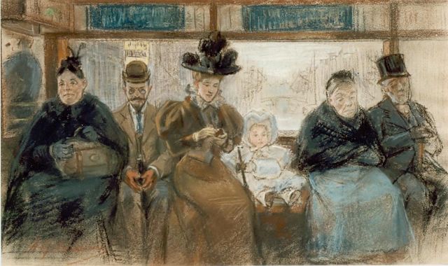 Anna Gildemeester | Passagiers in de tram, krijt op papier, 36,0 x 58,5 cm, gesigneerd l.o.