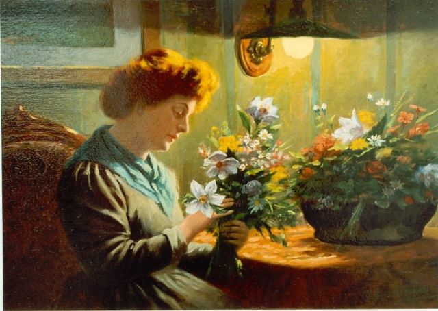 Johan Georg Gerstenhauer Zimmerman | Bloemschikkende jonge vrouw, olieverf op paneel, 23,1 x 32,0 cm, gesigneerd r.o.