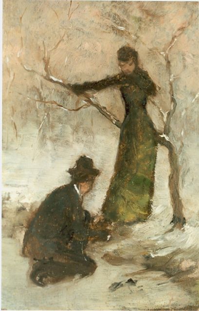 Jacob Hendrik Geerlings | Het onderbinden van de schaatsen, olieverf op paneel, 17,7 x 11,2 cm