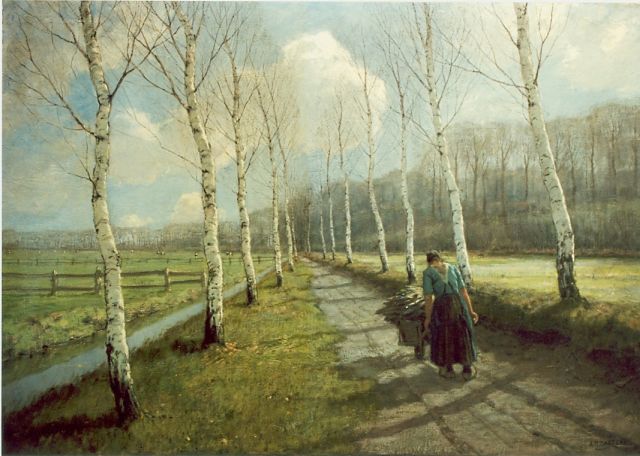 Arnold Gorter | Houtsprokkelaarster op een zandpad, olieverf op doek, 110,7 x 155,7 cm, gesigneerd r.o.