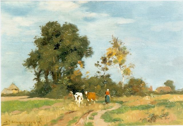 Adriaan Groenewegen | Koeienhoedster in boerenlandschap, olieverf op paneel, 21,0 x 30,0 cm, gesigneerd l.o.
