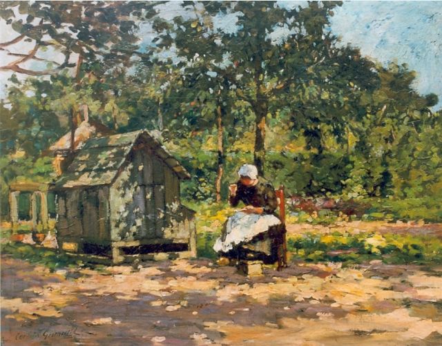Cornelis Groeneveld | Het naaiwerk, olieverf op paneel, 30,2 x 40,5 cm, gesigneerd l.o.