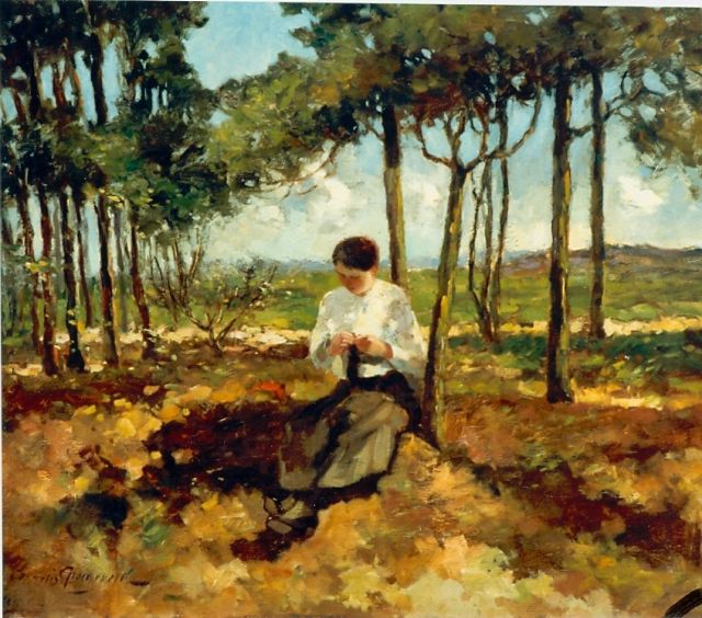 Cornelis Groeneveld | Breiende vrouw aan bosrand, olieverf op doek, 64,0 x 76,3 cm, gesigneerd l.o.