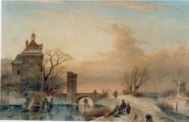 Charles Leickert | IJsvertier bij avondschemering, aquarel op papier, 30,5 x 48,0 cm, gesigneerd r.o.