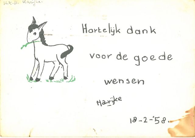 Oranje-Nassau (Prinses Christina) M.C. van | Ezeltje, zwarte en groene inkt op papier (ansichtkaart) 10,4 x 14,8 cm, gesigneerd m.o. en gedateerd 18-2-'58