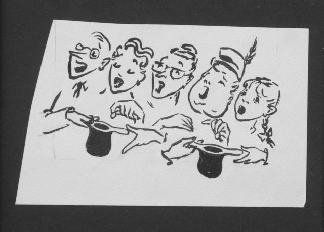 Prinses Beatrix van Oranje Nassau | De collecte, potlood en Oost-Indische inkt op papier, 9,6 x 15,5 cm, te dateren augustus 1960