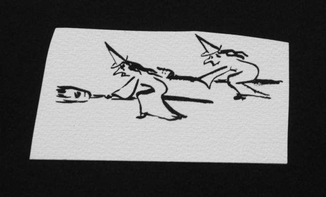 Prinses Beatrix van Oranje Nassau | Vliegende heksen, potlood en Oost-Indische inkt op papier, 5,7 x 11,3 cm, te dateren augustus 1960