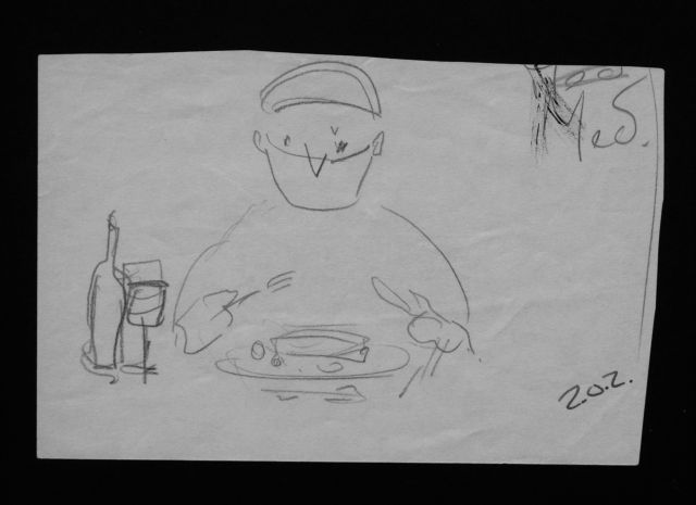 Prinses Beatrix van Oranje Nassau | Chirurg aan tafel, potlood en Oost-Indische inkt op papier, 9,7 x 15,0 cm, te dateren augustus 1960