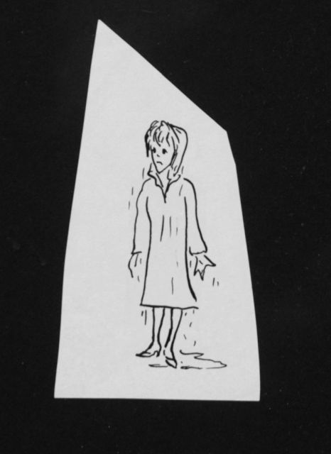 Prinses Beatrix van Oranje Nassau | Druipnat meisje, potlood en Oost-Indische inkt op papier, 9,3 x 5,0 cm, te dateren augustus 1960
