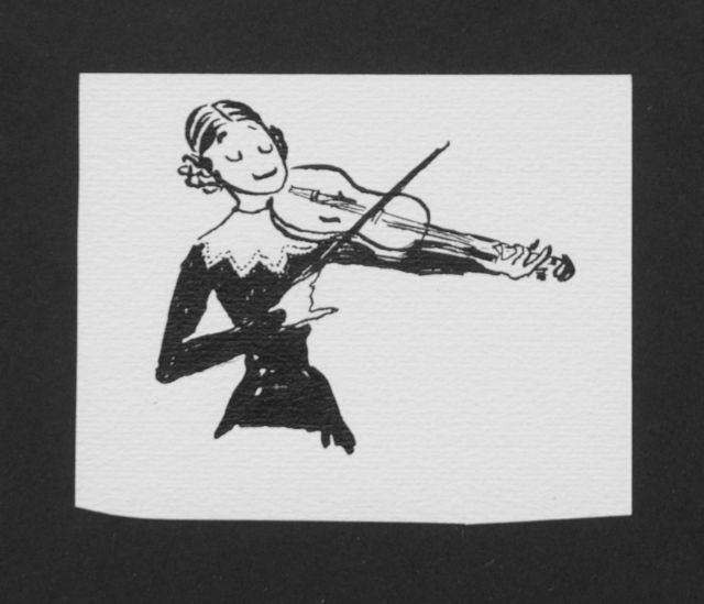 Prinses Beatrix van Oranje Nassau | Violiste, potlood en Oost-Indische inkt op papier, 9,7 x 7,6 cm, te dateren augustus 1960
