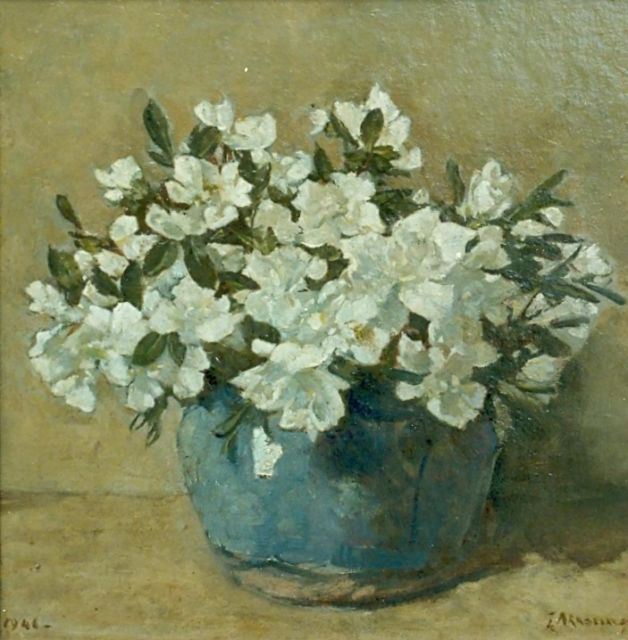 Johannes Evert Akkeringa | Witte azaleatakjes in gemberpot, olieverf op doek op paneel, 29,0 x 29,0 cm, gesigneerd r.o. en gedateerd 1941