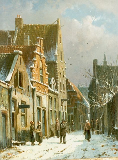 Adrianus Eversen | Winters straatgezicht, olieverf op doek, 25,0 x 19,0 cm, gesigneerd l.o.