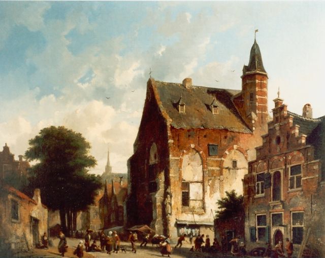 Adrianus Eversen | Stadsgezicht met figuren bij een kerk, olieverf op doek, 43,5 x 51,0 cm, gesigneerd r.o.