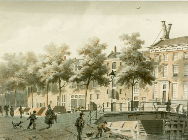 Adrianus Eversen | Wandelaars in een zonnig stadje, sepia op papier, 20,0 x 30,0 cm, gesigneerd r.o. en gedateerd '54