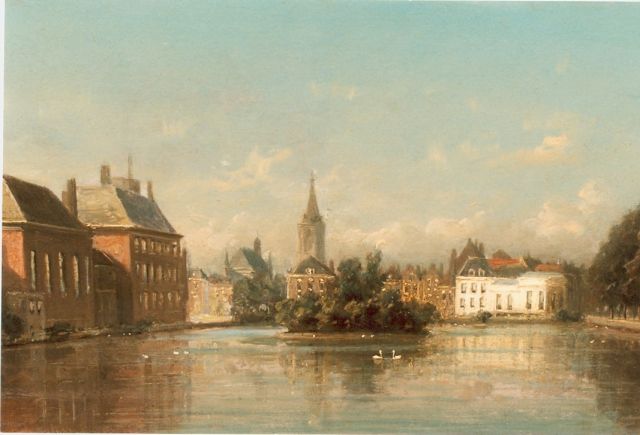 Johannes Josephus Destrée | Gezicht op Buitenhof, Den Haag, olieverf op paneel, 14,5 x 22,0 cm, gesigneerd l.o.
