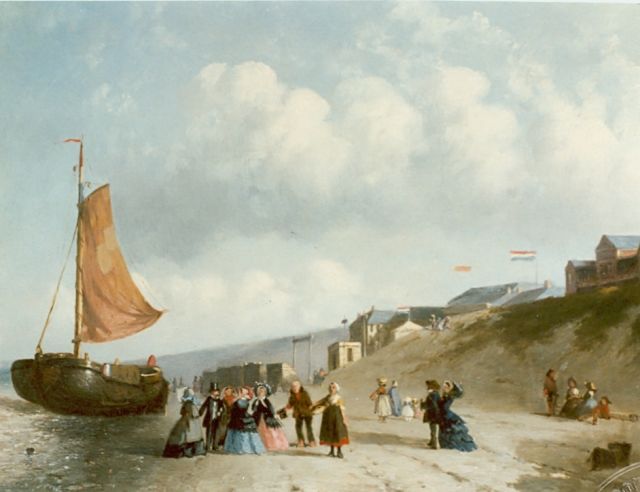 Joseph Bles | Scheveningse bomschuiten en vissersvolk op het strand, olieverf op paneel, 14,2 x 17,6 cm, gesigneerd r.o.