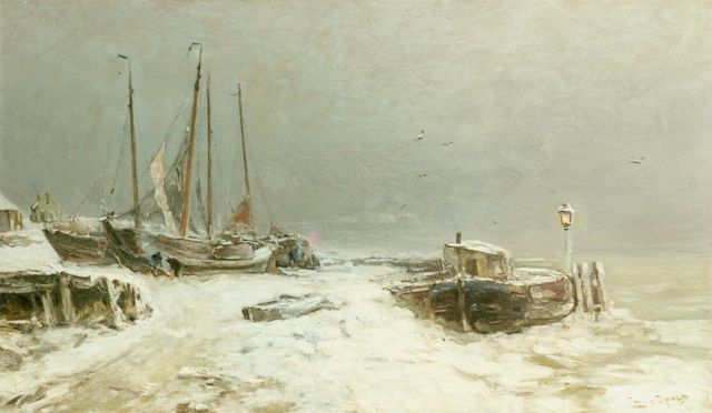 Louis Apol | Winterlandschap met besneeuwde botters, olieverf op doek, 59,5 x 100,0 cm, gesigneerd r.o.