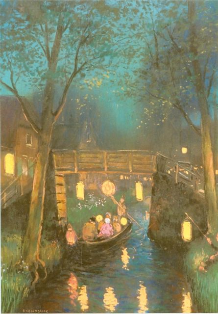 Herman Heijenbrock | Lampionnentocht in Giethoorn, pastel op doek, 62,0 x 46,0 cm, gesigneerd l.o.