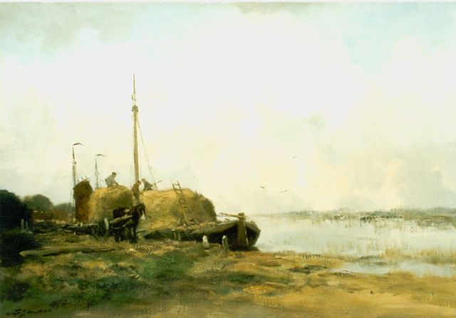 Willem George Frederik Jansen | Boerenarbeid aan de vaart, olieverf op doek, 50,0 x 70,0 cm, gesigneerd l.o.