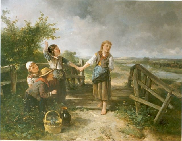 Mari ten Kate | Jolige meisjes na de picknick, olieverf op doek, 64,0 x 83,0 cm, gesigneerd r.o.