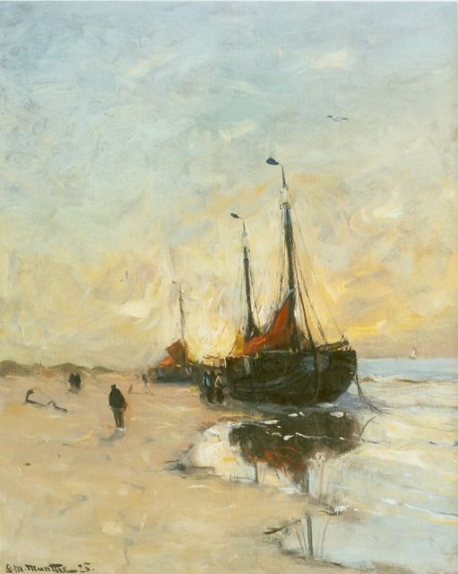 Morgenstjerne Munthe | Bomschuiten op het strand, olieverf op doek, 50,5 x 40,5 cm, gesigneerd l.o. en gedateerd '25