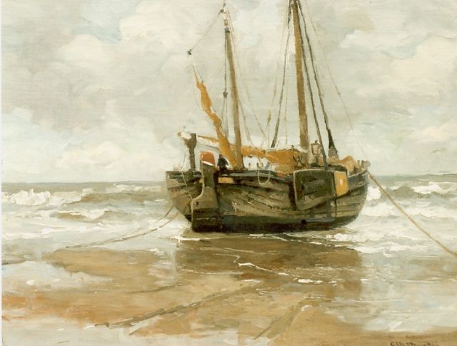 Morgenstjerne Munthe | Bomschuit op het strand, olieverf op doek op paneel, 41,0 x 53,0 cm, gesigneerd r.o.