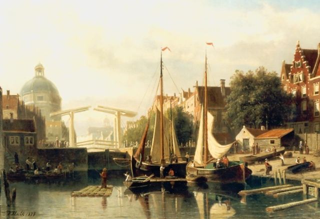 Johannes Frederik Hulk | Gezicht op Amsterdamse binnenhaven, olieverf op doek, 64,0 x 90,0 cm, gesigneerd l.o. en gedateerd 1878