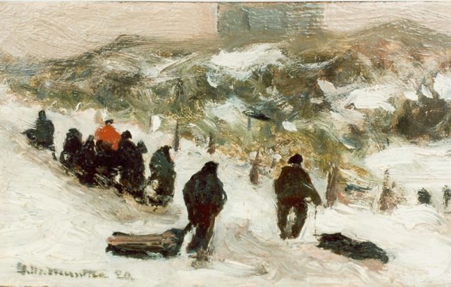 Morgenstjerne Munthe | Sleetje rijden in de Katwijkse duinen, olieverf op doek op paneel, 12,0 x 19,2 cm, gesigneerd l.o.
