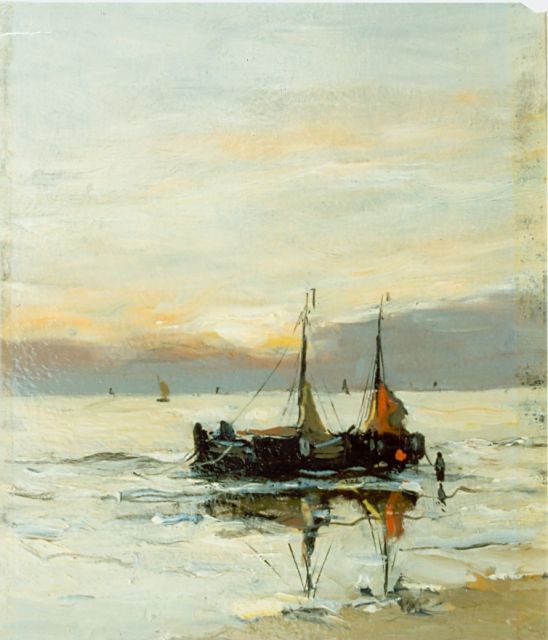 Morgenstjerne Munthe | Bomschuiten op het strand, olieverf op board, 21,0 x 16,5 cm, gesigneerd l.o.