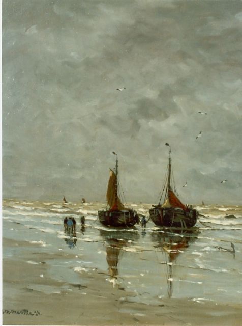 Morgenstjerne Munthe | Bommen en vissersvolk op het strand, olieverf op doek, 60,0 x 50,0 cm, gesigneerd l.o.