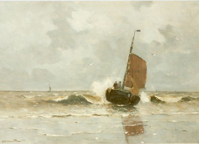 Morgenstjerne Munthe | Bomschuit in de branding, olieverf op doek, 50,0 x 70,0 cm, gesigneerd l.o. en gedateerd 1921