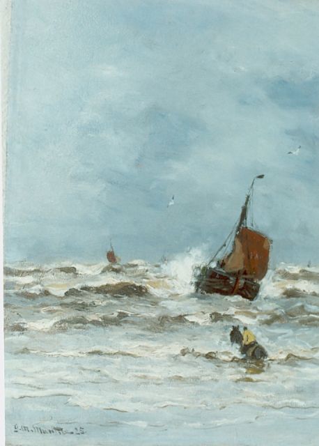 Morgenstjerne Munthe | Lijnhaalder op weg naar botter KW9, olieverf op paneel, 34,5 x 26,2 cm, gesigneerd l.o. en gedateerd '25