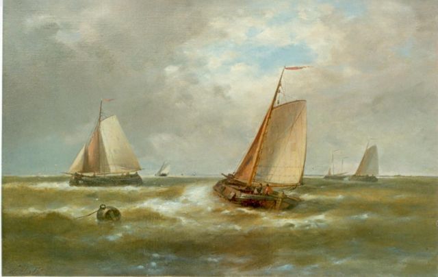 Abraham Hulk | Zeilschepen varen de haven uit, olieverf op doek, 39,0 x 59,5 cm, gesigneerd l.o.