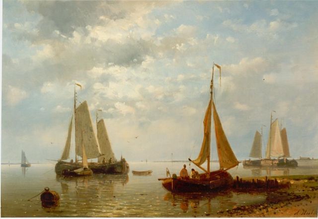 Abraham Hulk | Zeilboten bij de kust, olieverf op paneel, 17,3 x 25,4 cm, gesigneerd r.o.