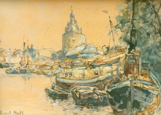 Evert Moll | Enkhuizen, gezicht op de haven, aquarel op papier, 11,5 x 17,0 cm, gesigneerd l.o.