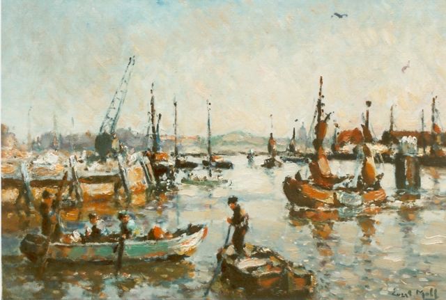 Evert Moll | Bedrijvigheid in de haven, olieverf op doek, 40,5 x 59,7 cm, gesigneerd r.o.
