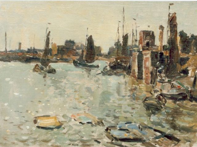 Evert Moll | Havengezicht, olieverf op doek op paneel, 32,5 x 44,0 cm