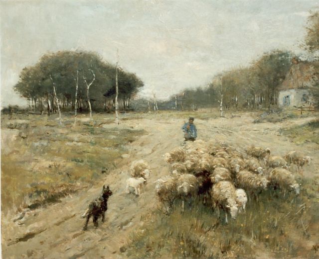 Anton Mauve | Schaapherder met zijn kudde op de heide, olieverf op doek, 60,5 x 80,2 cm, gesigneerd r.o.